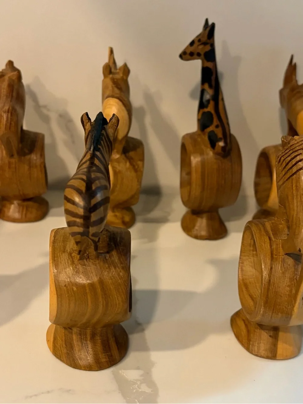 1970s Vintage Hand Carved Wooden Safari Animal Napkin Rings Set of 12